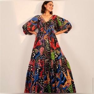Farm Rio Under The Sea Puff Sleeve Tiered Maxi Dress (Size XS)
